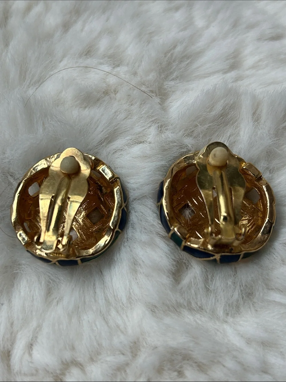 Gold-Tone Woven Enamel Clip Earrings - Blue & Green